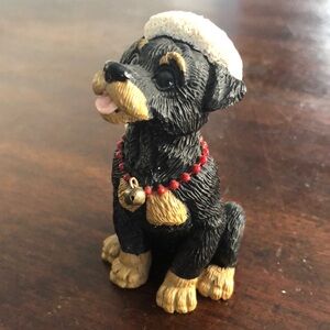 Rottweiler puppy Santa hat/silent brass bell/red beads carved resin??4”